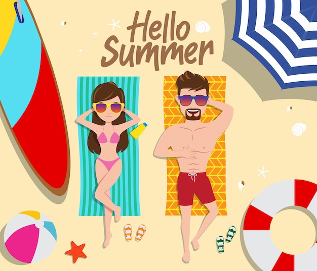 Summer couple vector concept design Hello summer text with female and male characters