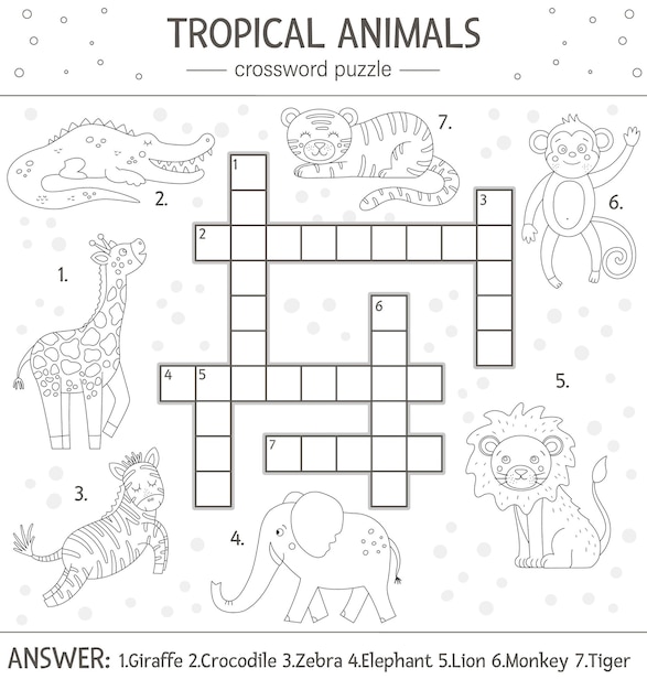   summer crossword puzzle. Simple quiz with tropical animals for children. Educational black and white jungle activity with cute funny characters. Fun coloring page for kids