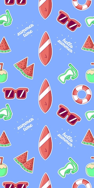 summer cute seamless pattern watermelon surfboard glasses diving goggles inflatable ring coconut