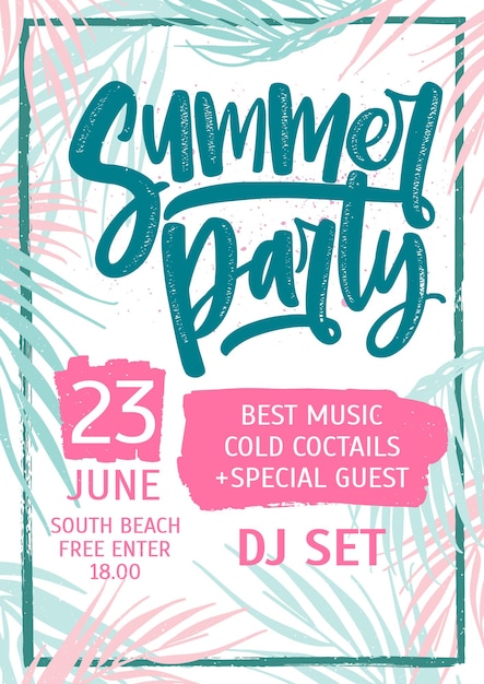 Vector summer dance party invitation, flyer or poster template with lettering written against colorful tropical palm tree leaves on surface