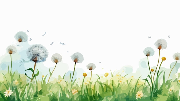 Vector summer dandelions field with green herbs and blue sky