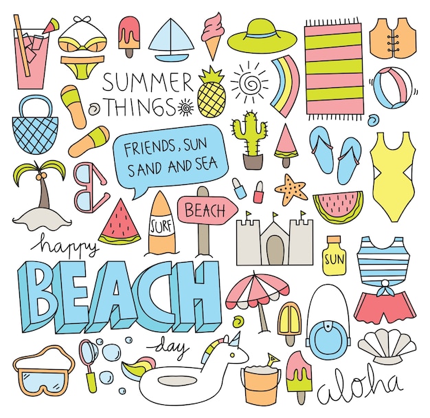 summer doodle set vector illustration