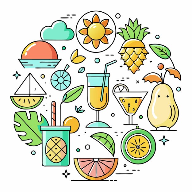 Summer drink illustration with fruit sun and cocktail