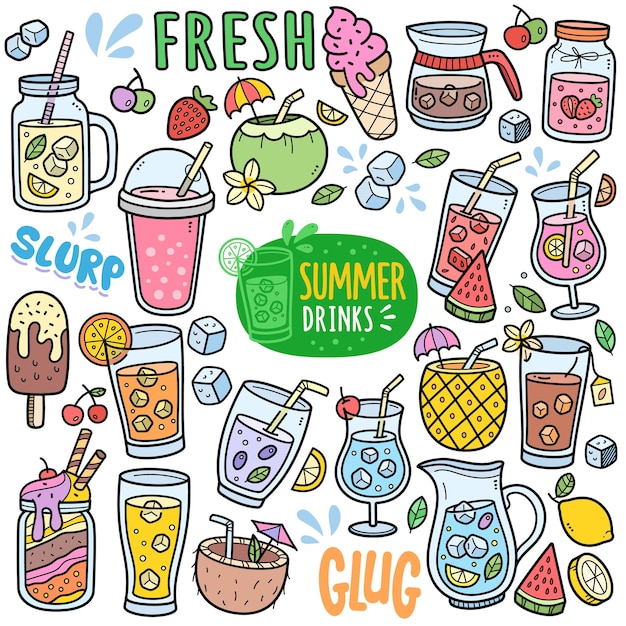 Summer drinks and beverages colorful vector graphics elements and doodle illustrations