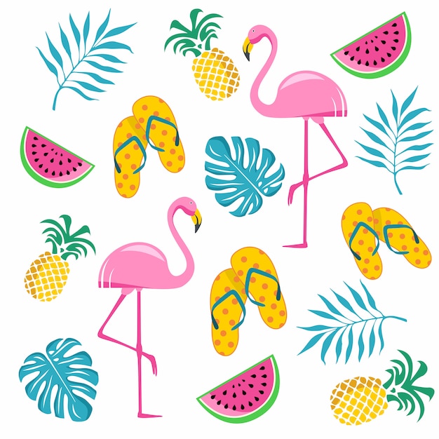 Summer elements vector illustration. Flamingo, watermelon, flip flops, leaves