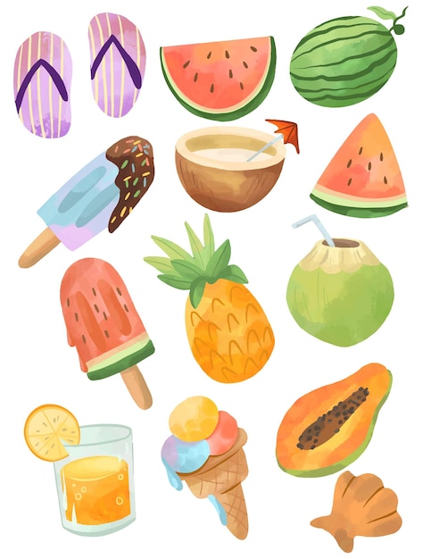 summer elements watercolor clip art on isolated background