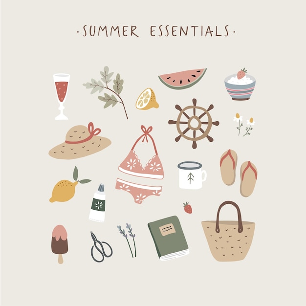 Summer essentials greeting card Set of cute vacation lifestyle and food icons Bikini swimwear lavender flower straw hat flipflops lemons and watermelon fruit Vintage flat design Isolated vectors