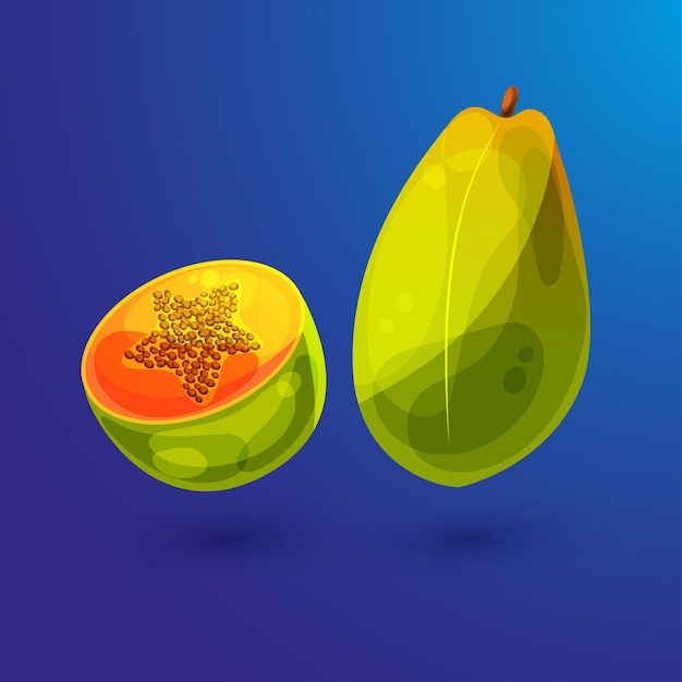 Summer exotic fruit in cartoon style UX UI Papaya whole fruit and half