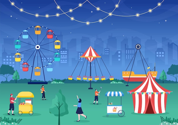 Summer Fair with Carnival, Circus, Funfair or Amusement Park. Landscape of Carousels, Roller Coaster, Air Balloon and Playground Vector Illustration