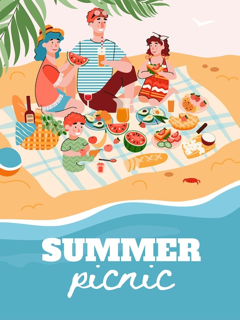 Summer family picnic banner or poster template with happy family members cartoon characters enjoying holidays and recreation on sea shore, flat vector illustration.