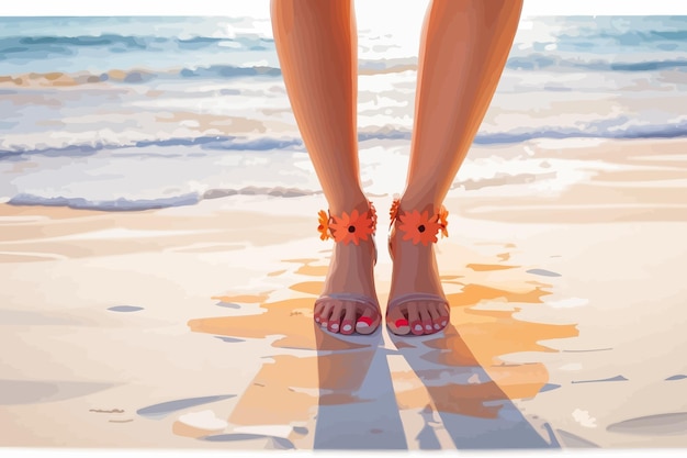 Vector summer feet with nail polish on toes walking on sand