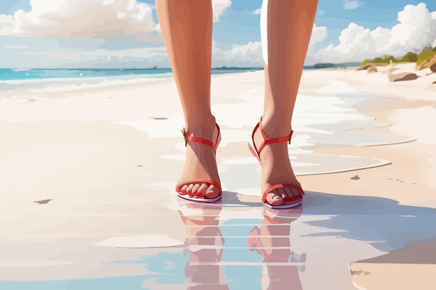 Vector summer feet with nail polish on toes walking on sand