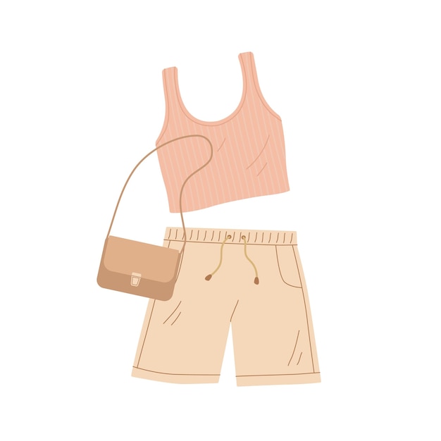 Summer female clothes and accessory vector illustration Fashion women shorts top and handbag