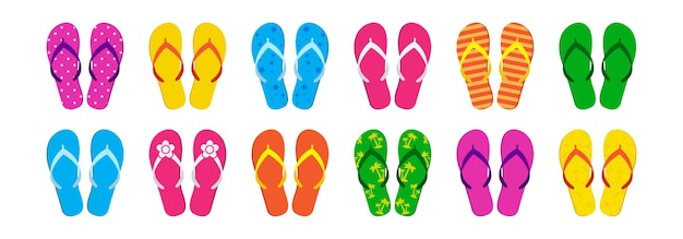 Summer flip flop vector icon beach slipper pool shoe sea sandal set bright pattern cartoon rubber footwear isolated on white background Cute illustration