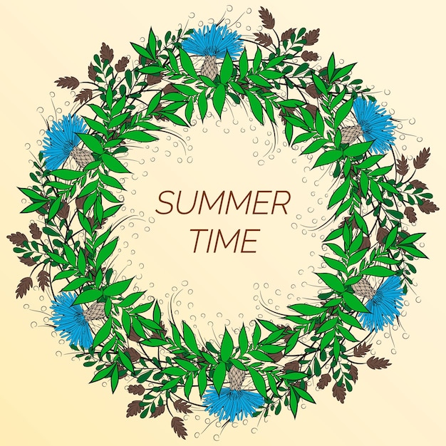 Summer floral background in the form of a wreath of cornflowers and green leaves