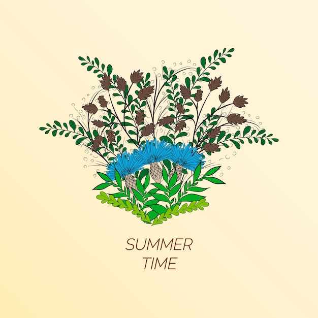 Summer floral background in the form of a wreath of cornflowers and green leaves