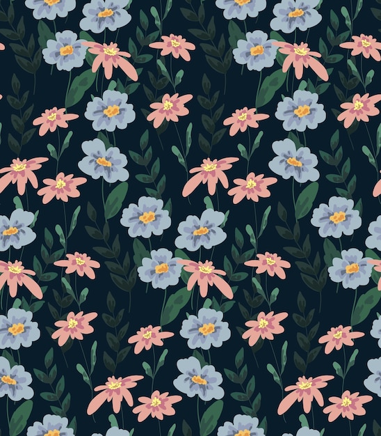 Summer floral print with delicate handdrawn flowers Seamless pattern with a flowering meadow Various flowers and leaves grow in the meadow Vector