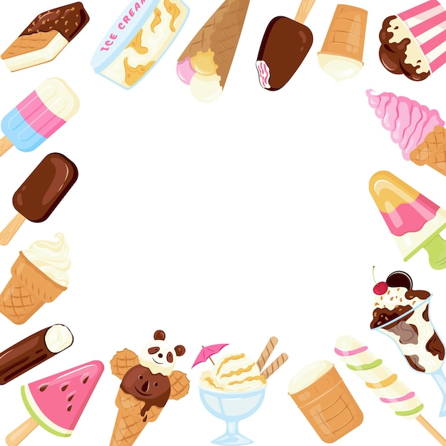 Vector summer frame with different ice cream popsicle colorful balls swirls of gelato frozen yogurt vector