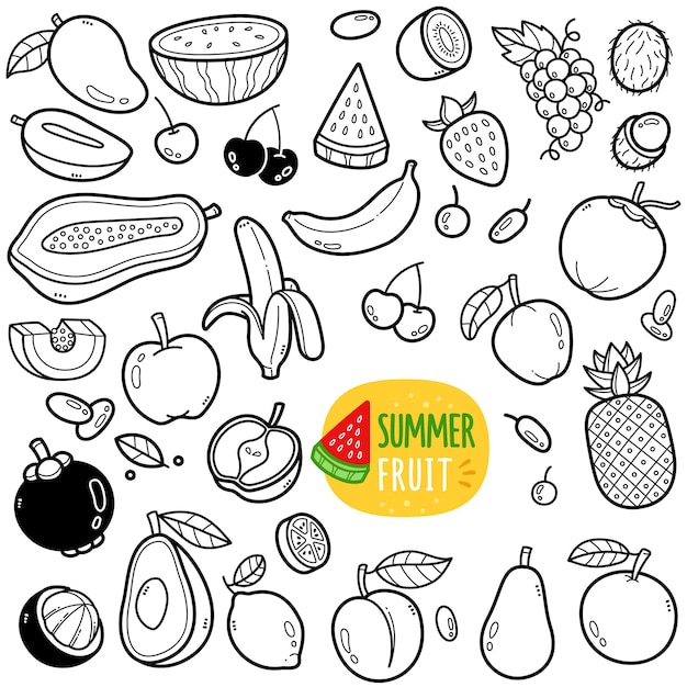 Summer fruit black and white doodle illustration