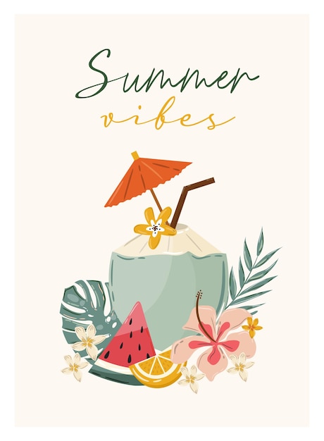 summer fruit drink concept with hand drawn tropical elements