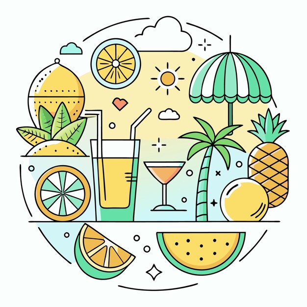 Vector summer fruit and drinks in a line art design