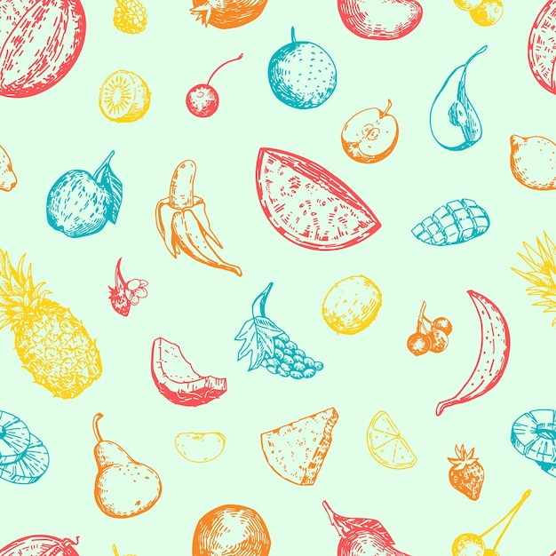 Summer fruits and berries vector seamless pattern Hand drawn pineapple watermelon pomegranate banana mango grapes citrus apple pears cherry Abstract ornament in retro style