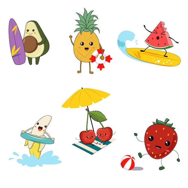 Vector summer fruits and vegetables cartoon character clipart