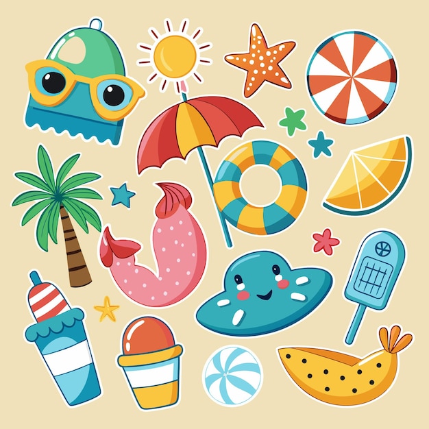 Vector summer fun beach stickers for kids featuring cute characters