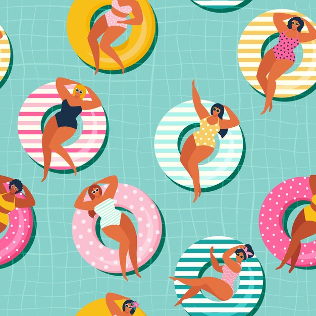 Vector summer gils on inflatable in swimming pool floats. vector seamless pattern.