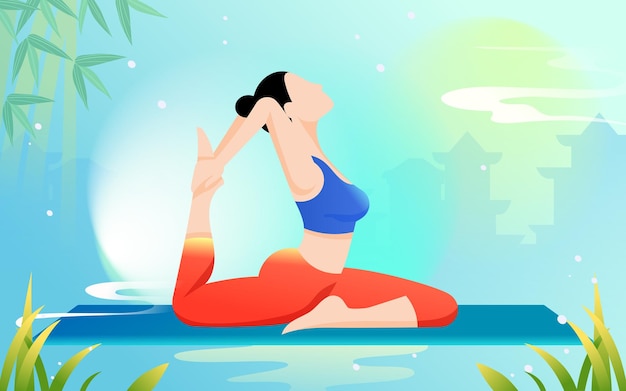 Summer girl fitness to lose weight, yoga workout, instructor live jumping gymnastics, , vector