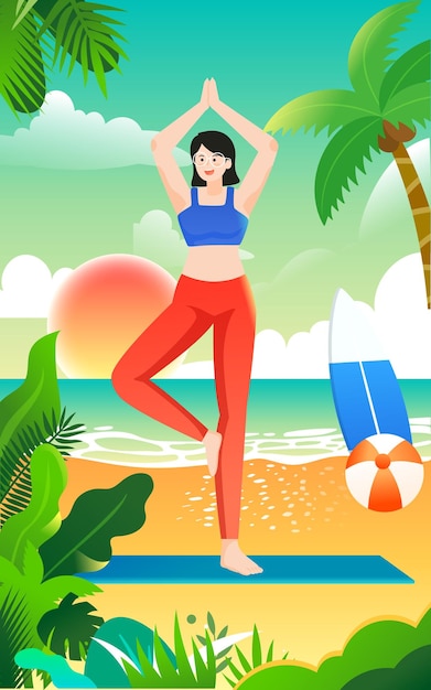 Summer girl fitness to lose weight, yoga workout, instructor live jumping gymnastics, , vector