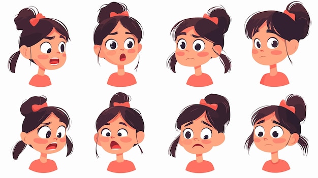 Vector summer girl with various expressions heads shot young kid showing different emotions and feelings ou