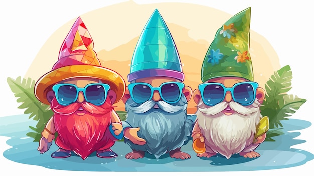 Vector summer gnomes wearing hats and sunglasses