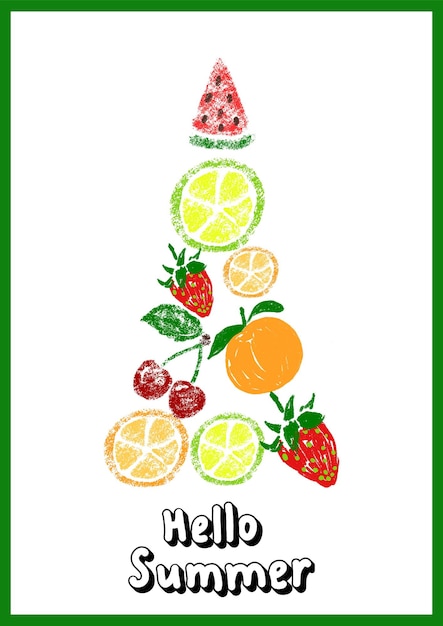 Summer greeting card hello summer a Christmas tree made of fruit Bright poster