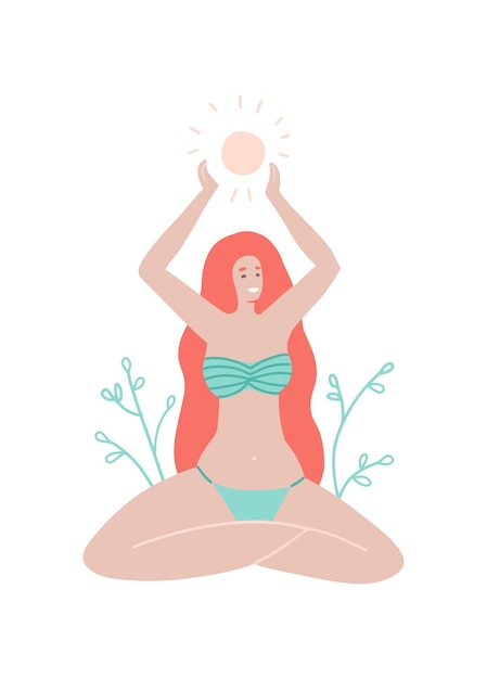 summer greeting card a long hair girl in swimsuit sits in lotus position and holds a sun n her arms