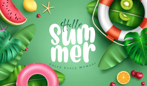 Summer greeting vector background design Hello summer text in nature leaves decoration