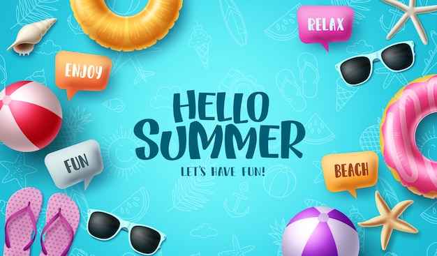 Summer greeting vector design Hello summer text with colorful beach elements and speech bubbles