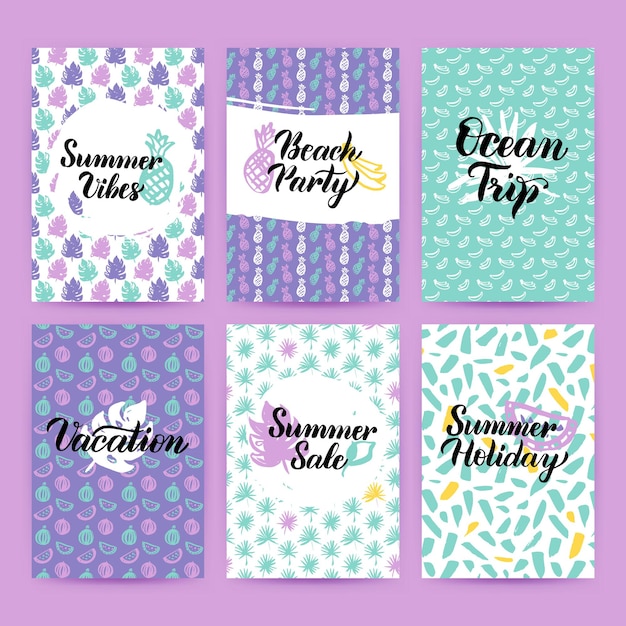 Summer Greetings Trendy Brochures. Vector Illustration of 80s Style Poster Design with Handwritten Lettering.