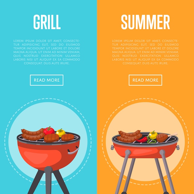 Summer grill party banners with meats on barbecue