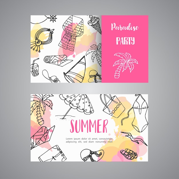 Summer hand drawn business card Beach doodle elements