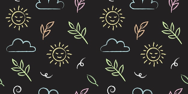 Vector summer hand drawn colorful crayon seamless pattern leaves flowers sun clouds doodle chalk brush