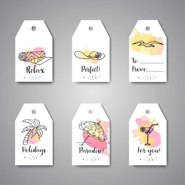 Summer hand drawn gift tags. Beach doodle elements