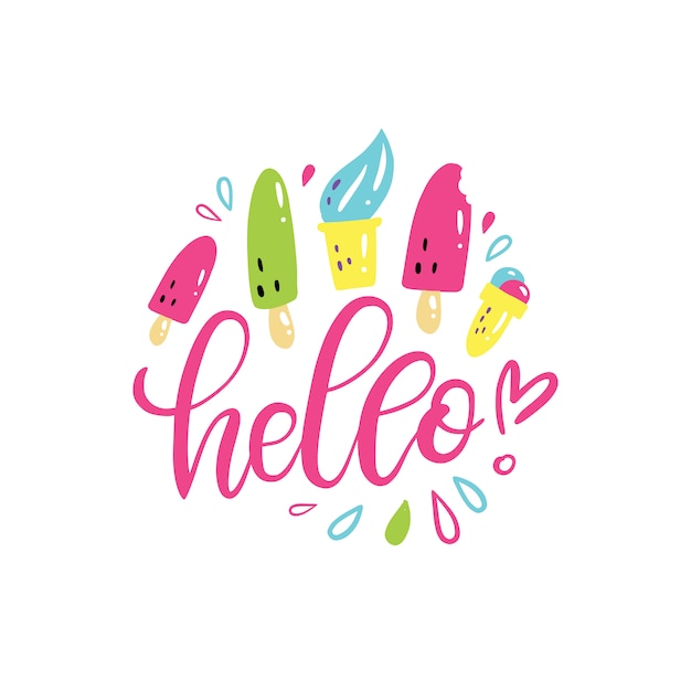 Summer hand lettering Hello with bright ice-cream. 