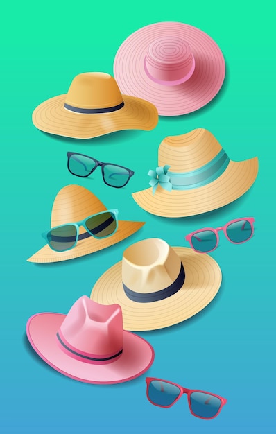 Vector summer hats and sunglasses collection on gradient background beach accessories fashion design