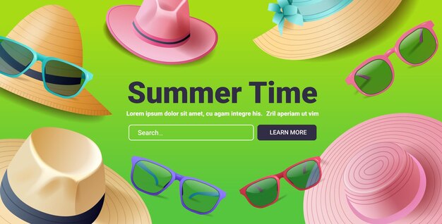 Vector summer hats sunglasses green background playful vibrant design beach accessories holiday theme