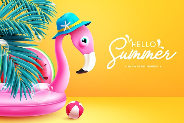 Summer hello greeting vector design Hello summer text with pink flamingo and watermelon floaters