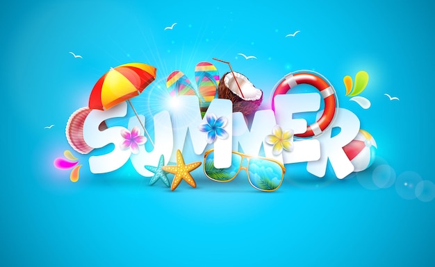 Summer Holiday Banner Design with 3d Lettering and Colorful Beach Elements on Ocean Blue Background