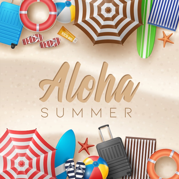 Summer Holiday Illustration with Beach Ball, Palm Leaves, Surf Board and Typography Letter on Beach Sands Background.