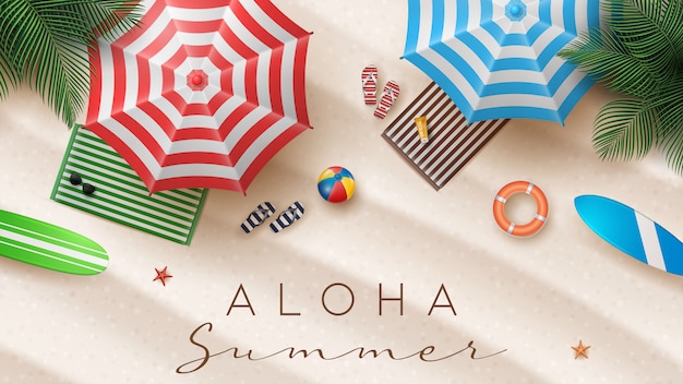 Summer Holiday Illustration with Beach Ball, Palm Leaves, Surf Board and Typography Letter on Beach Sands Background.