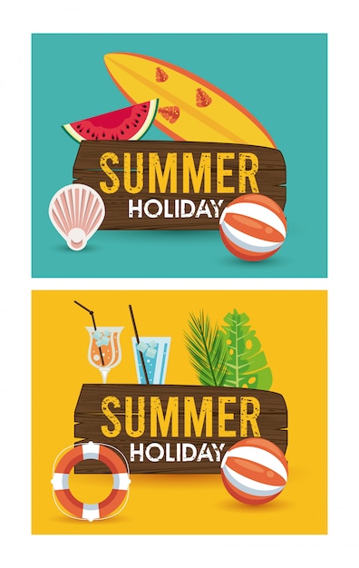 Summer holiday label with surf board